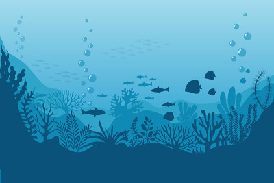 海洋水下背景。海底有海藻。向量海洋场景