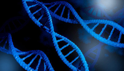 蓝色粒子dna螺旋与深色背景作为科学、生物学、遗传学、医学和生物技术的概念。