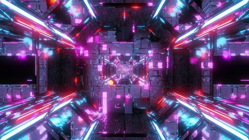 未来科幻隧道走廊与发光的飞行球粒子3d插图背景墙纸图形设计