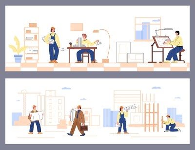建筑施工过程从建筑图纸到施工者工作，平面矢量插图。