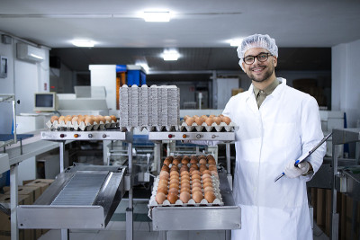 食品加工厂的技术人员带着发网和卫生手套站在工业运输和包装鸡蛋的机器旁。