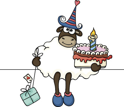 羊拿着生日蛋糕和礼物