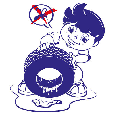 插画男孩从轮胎里抽取静止的水，以对抗传播登革热或寨卡病毒的蚊子。理想的信息和机构相关的卫生和保健