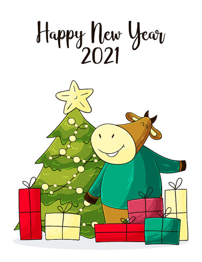 2021新年快乐儿童插画。中国新年牛年2021年