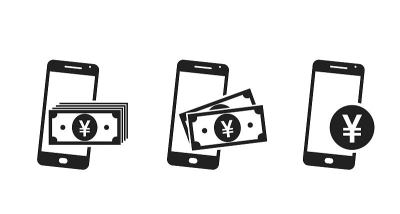 手机金钱图标集。智能手机上的日元钞票