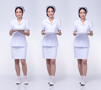 女性穿护士白色制服、长裤、裙子和鞋子