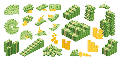 一大捆的纸币。平面向量插图