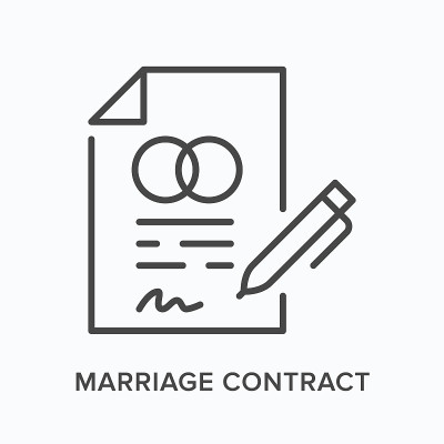 婚姻合同平线图标。民事文件矢量示意图。黑色薄线形象形婚约