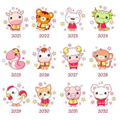 Set of chinese new year sign characters in kawaii 