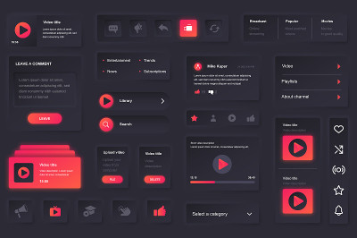 为视频管移动应用的用户界面元素。独特的neumorphic设计UI, UX, GUI, KIT元素模