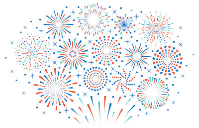 7月4日烟花快乐。庆祝烟花爆炸，狂欢派对爆竹爆炸。五彩缤纷的节日烟花矢量插图