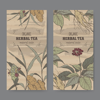 生姜和人参凉茶有两种颜色的复古标签。