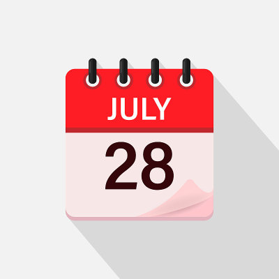 7月28日，日历图标带影子。日、月。平面向量插图。