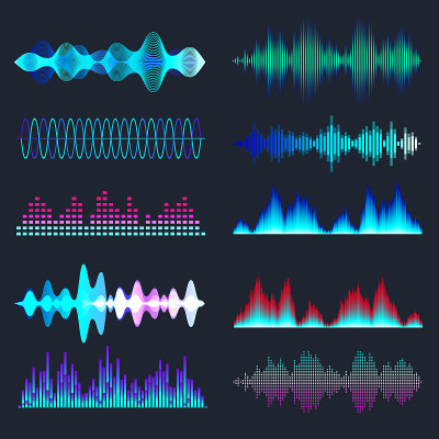 彩色声波收集。模拟和数字音频信号。音乐均衡器。干扰录音。高频无线电波。矢量图