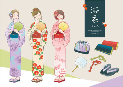 夏季和服“和服”。插图妇女在浴场。