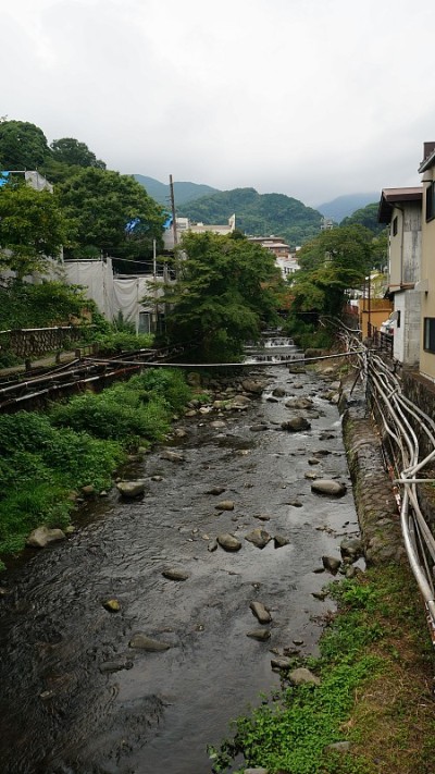 日本/汤川原温泉镇的河流和一座桥。