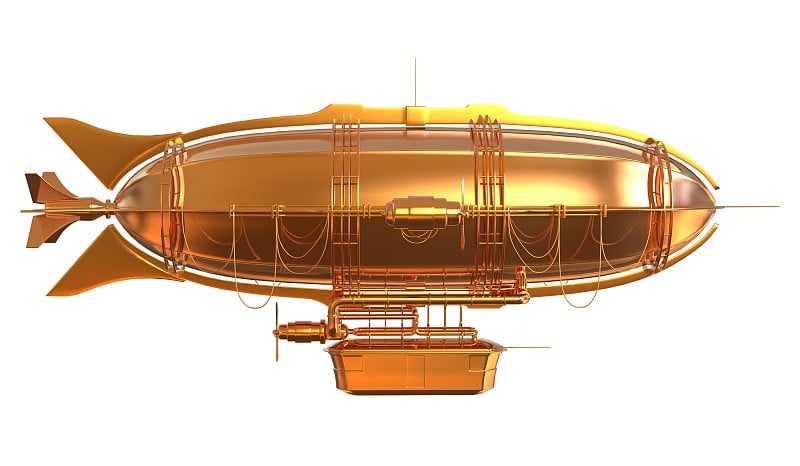 金色幻想飞艇齐柏林飞艇气球3D插图孤立在白色