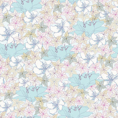 小的白色和蓝色的花在白色的背景，花卉无缝矢量打印织物，家纺服装。
