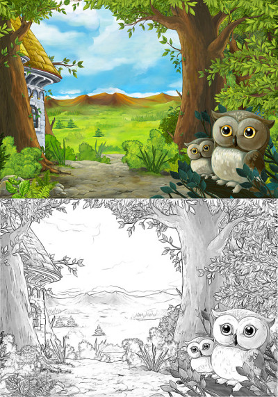 卡通场景与猫头鹰在森林和路径到山谷-插图