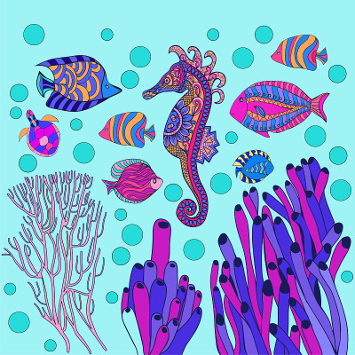 水下世界有海洋生物，鱼类，海马。