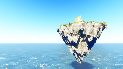 神奇的岛屿漂浮在空中蓝色的天空3D渲染