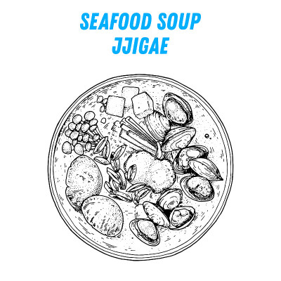 海鲜汤新都鸡尾小品，韩国美食。手绘矢量插图。素描风格。前视图。的矢量插图。