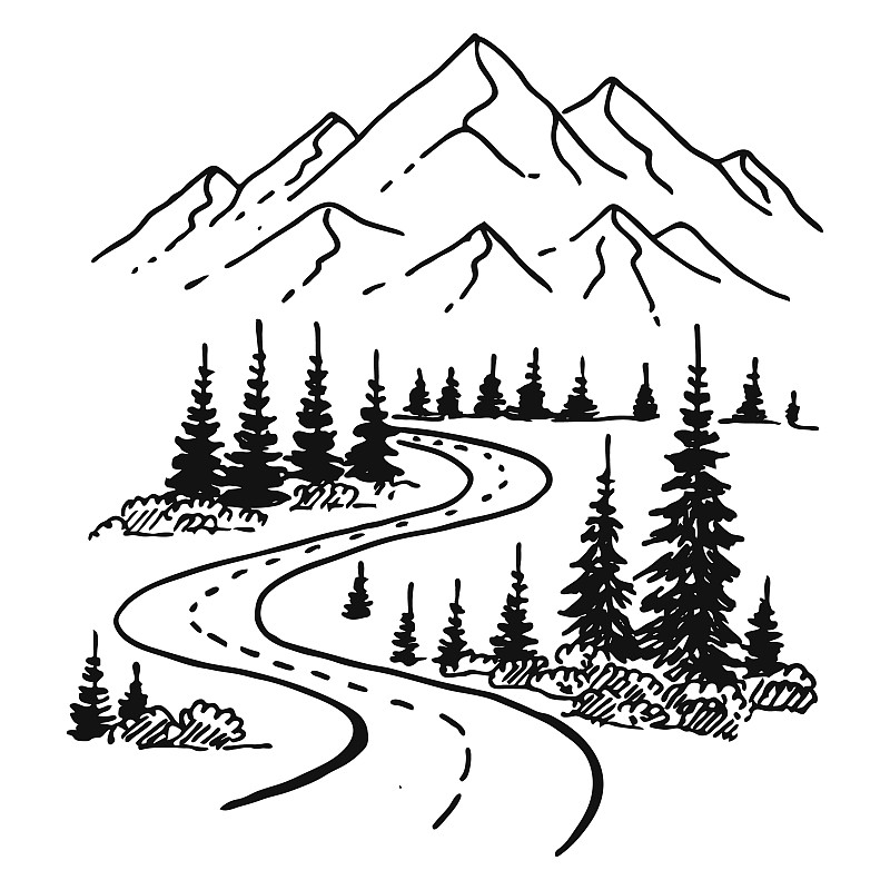 山区道路。风景黑色的白色背景。手绘岩石山峰在素描风格。矢量图