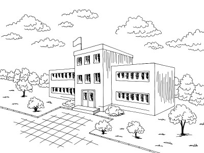 学校建筑外部图形黑白草图插图矢量