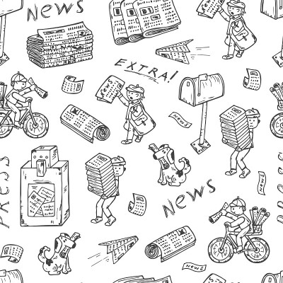 出版社。报纸。无缝图案:邮差、报童、自动售报机、邮筒