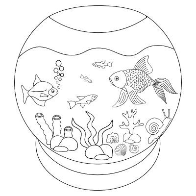水族馆。把宠物放在玻璃后面。鱼、珊瑚、贝壳。矢量插图。轮廓上的白色孤立的背景。手绘的风格。一个令人放