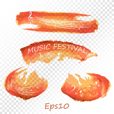 绘画/音符/音乐。在画笔上的音符。明亮的油漆痕迹和音乐元素。水彩斑点和音符。Eps10