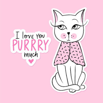 矢量可爱的猫插图。手绘时髦的小猫。嘟嘟猫。卡通动物孤立在白色。有趣的角色。
