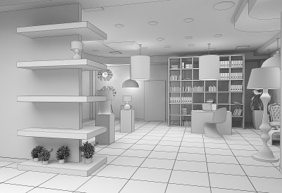 室内，展厅，3D插图
