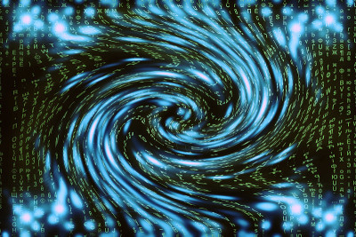 蓝绿色矩阵数字背景。扭曲的网络空间的概念。绿色人物掉入虫洞。入侵矩阵。虚拟现实设计。复杂的算法数据黑