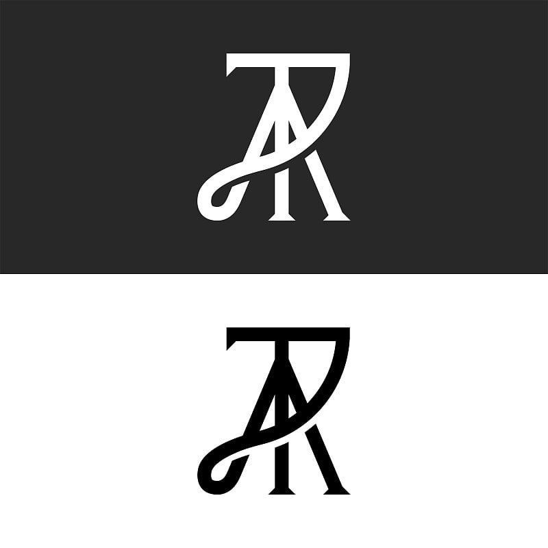 书法字母TA或AT标志首字母monogram单线风格，线性T和A字母重叠，排版创意黑白设计元素。