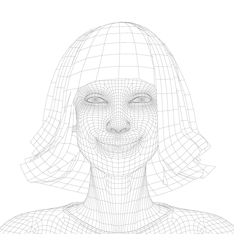 一个微笑着的女孩头的线框。白底黑线女孩的头部模型。3 d。矢量图