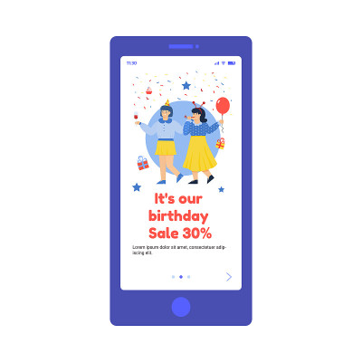 Onboarding mobile screen for Birthday sale with pe