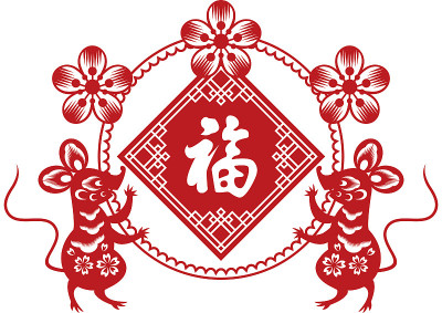 中国新年的装饰。墙上的生肖装饰。春节老鼠墙装饰。农历新年老鼠的插画。(翻译:财富和幸福)