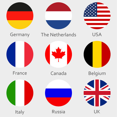 圆形旗帜图标或徽章设置。圆形国家象征美国，英国，荷兰，荷兰，德国，意大利，加拿大，法国，俄罗斯和比利