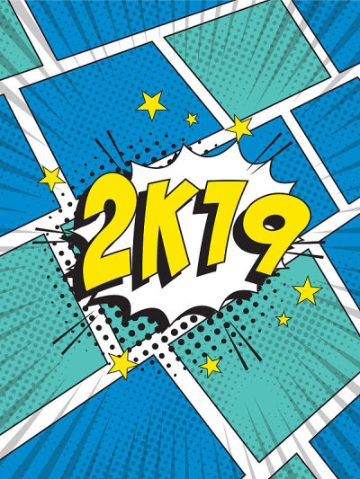 新年快乐矢量波普艺术插画。Word 2k19在复古喜剧演讲气泡与半色调虚线阴影彩色垂直背景