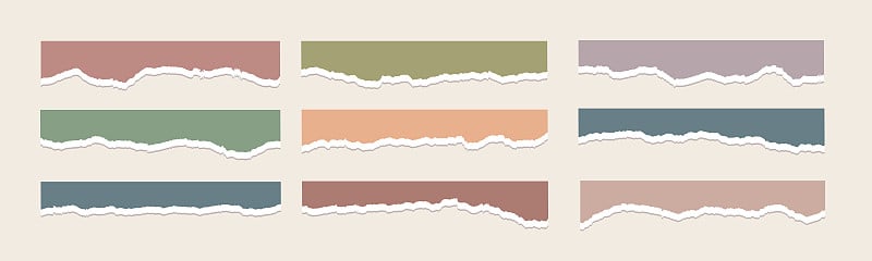 彩色纸撕裂带描边与切边矢量插图。空白水平笔记纸片形状。一套流行的颜色头条带。书法边框，孤立的垃圾标题