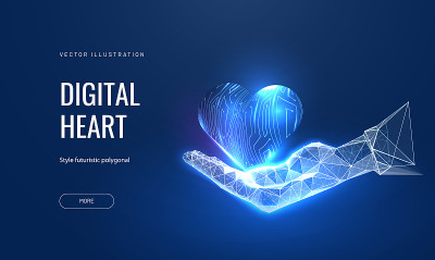 数字心脏在未来的风格发光。3d模型与板纹理，明信片作为慈善和技术援助的象征