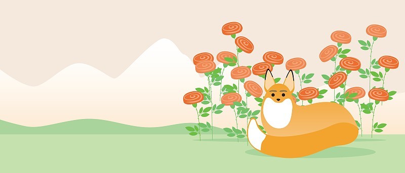 狐狸和花园与玫瑰，复制空间模板，平面矢量股票插图覆盖和设计，英雄的书小王子