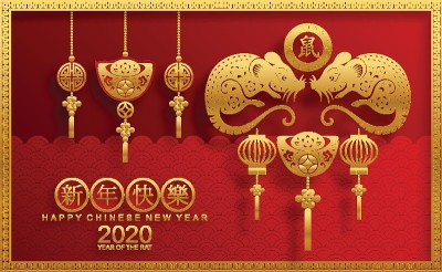 2020年中国新年鼠年，红色和金色剪纸鼠的性格，花和亚洲元素与工艺风格的背景。
(中文翻译:祝202