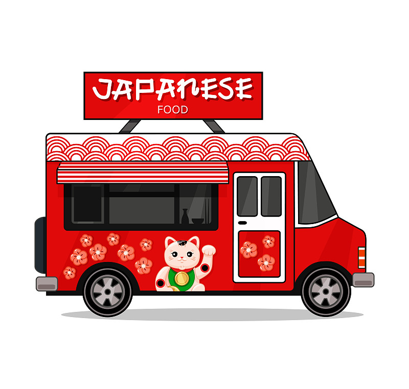 日本餐车在白色孤立的背景下。现代美味的商业食品卡车。矢量图