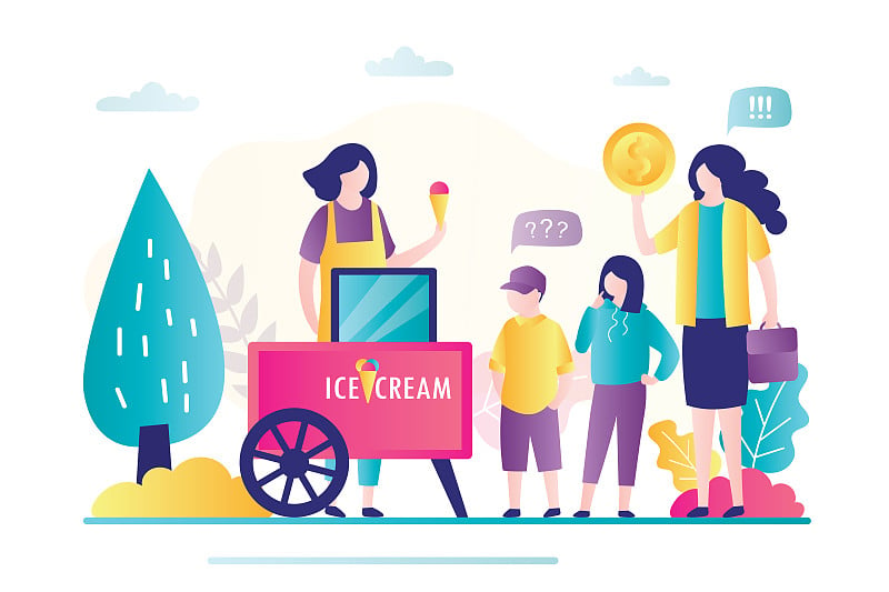 Mother and children buy ice cream. Saleswoman sell