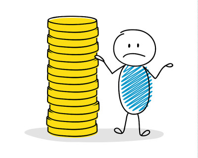 悲伤的stickman显示金钱堆栈。向量。