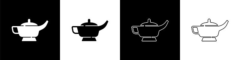 Set Magic lamp or Aladdin lamp icon isolated on bl