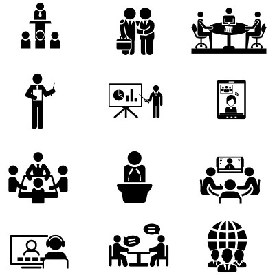 矢量插图会议业务在线会议图标。管理、财务、人力资源图标。