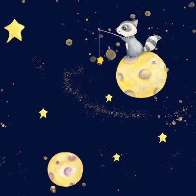 水彩图案可爱的浣熊与月亮和星星在深蓝色的背景。手绘。插图为卡片，生日，明信片。海报、包装纸